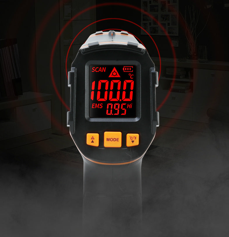 Digital thermometer with red display on a dark background