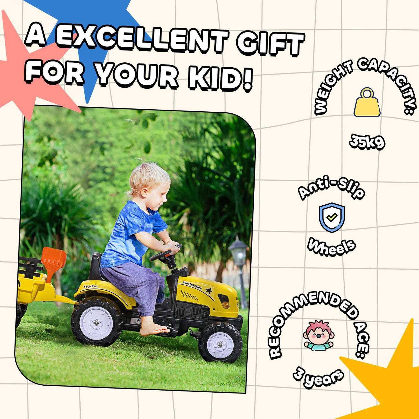 Kids Ride-On Tractor with Trailer & Garden Tools - Yellow Pedal Kart Kids Ride on Tractor with Back Trailer, | Ectron Online