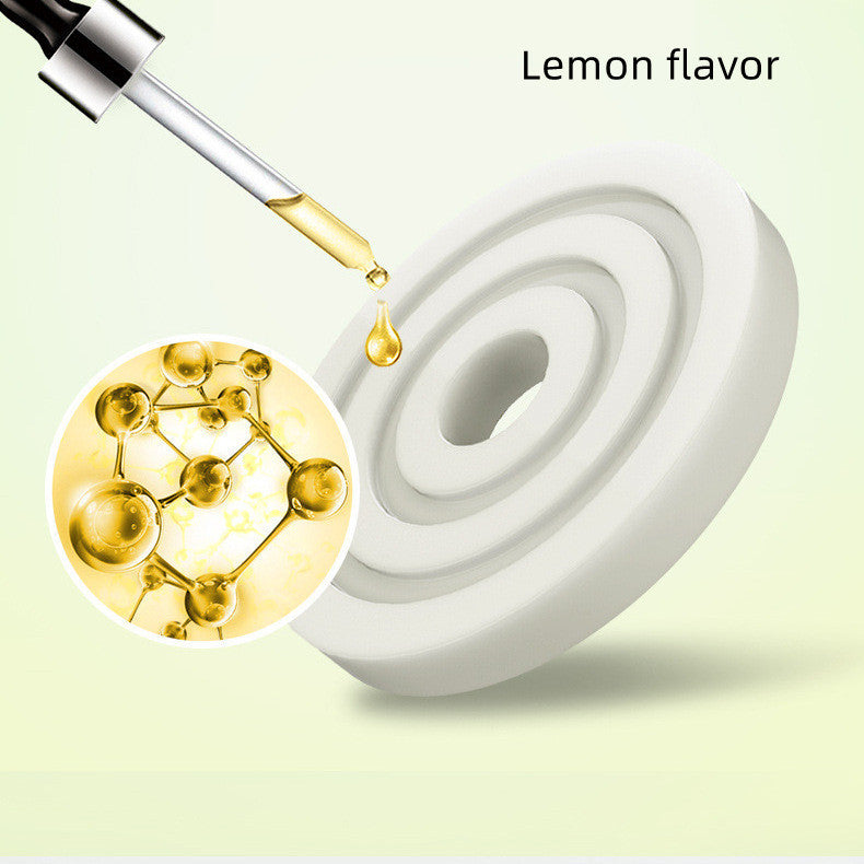 Dropper with lemon-flavored liquid being added to a white gel-like substance, with a close-up of lemon molecules.