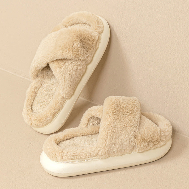 Women's Platform Fuzzy Home Slippers Winter Open Toe Criss-cross Solid Color Casual Floor Slides Indoor Flat Comfy House Shoes