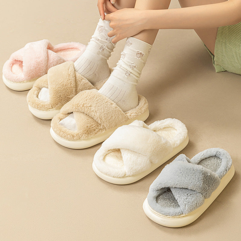 Women's Platform Fuzzy Home Slippers Winter Open Toe Criss-cross Solid Color Casual Floor Slides Indoor Flat Comfy House Shoes