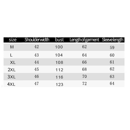 Table displaying garment measurements for different sizes with columns for size, shoulder width, bust, length of garment, and sleeve length.