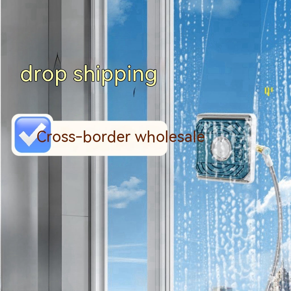 Window cleaning device with a hose against a window background, featuring text about drop shipping and cross-border wholesale.