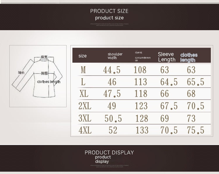 Padded stand-collar jacket size chart with sleeve length and chest measurements