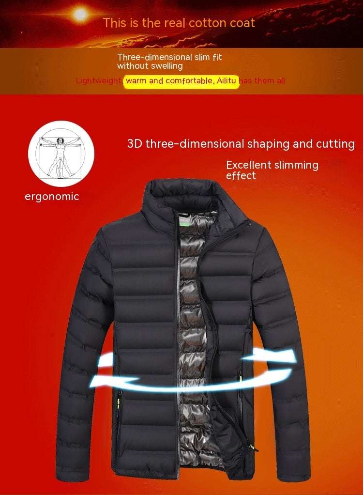Black padded stand-collar jacket with zip front and quilted body with inner lining