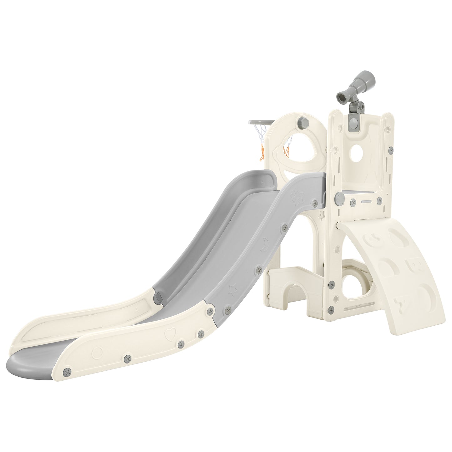 Kids Slide Playset Structure 5 in 1, Freestanding Spaceship Set with Slide, Telescope and Basketball Hoop Grey+White + HDPE - Ectron Online