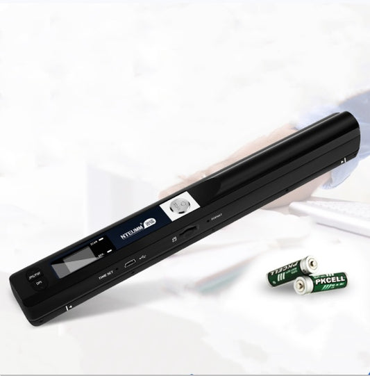 Portable USB document scanner with LCD screen and control buttons, black body