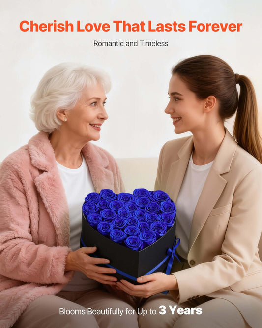27 Real Preserved Roses in Heart-Shaped Box - Eternal Royal Blue Flower Bouquet