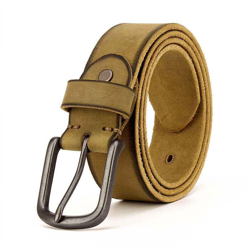 Men's leather pin buckle belt in olive green with a classic pin buckle design for a stylish, adjustable fit.