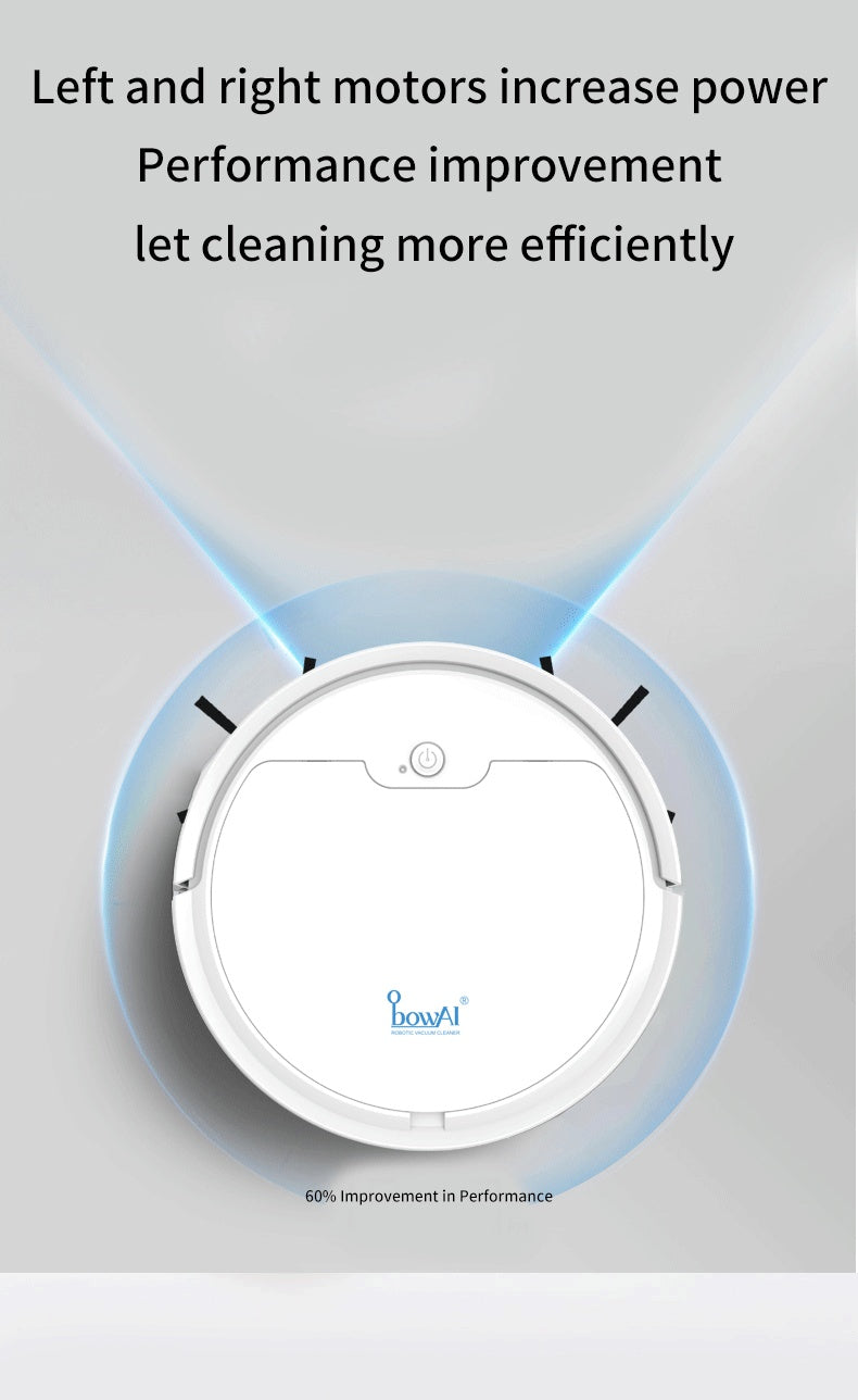 Robotic vacuum cleaner with text highlighting motor improvement and performance enhancement.