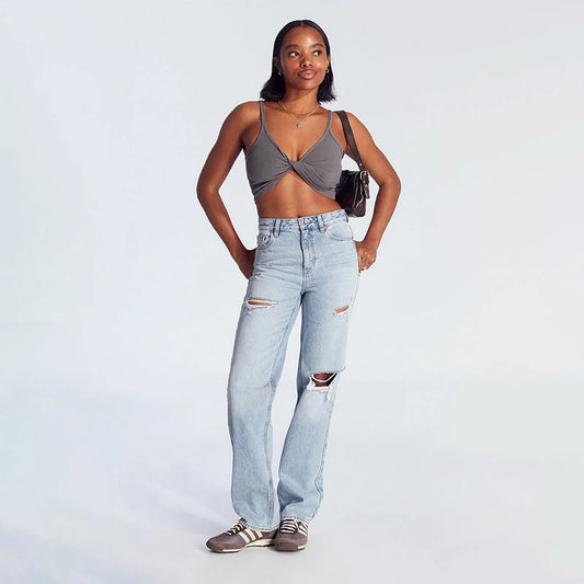 High Waist Ripped Straight Leg Jeans For Women Light Wash Casual Distressed Denim Pants With Knee Cut And Relaxed Fit Straight Leg Jeans Bottom Basic Baggy Jeans