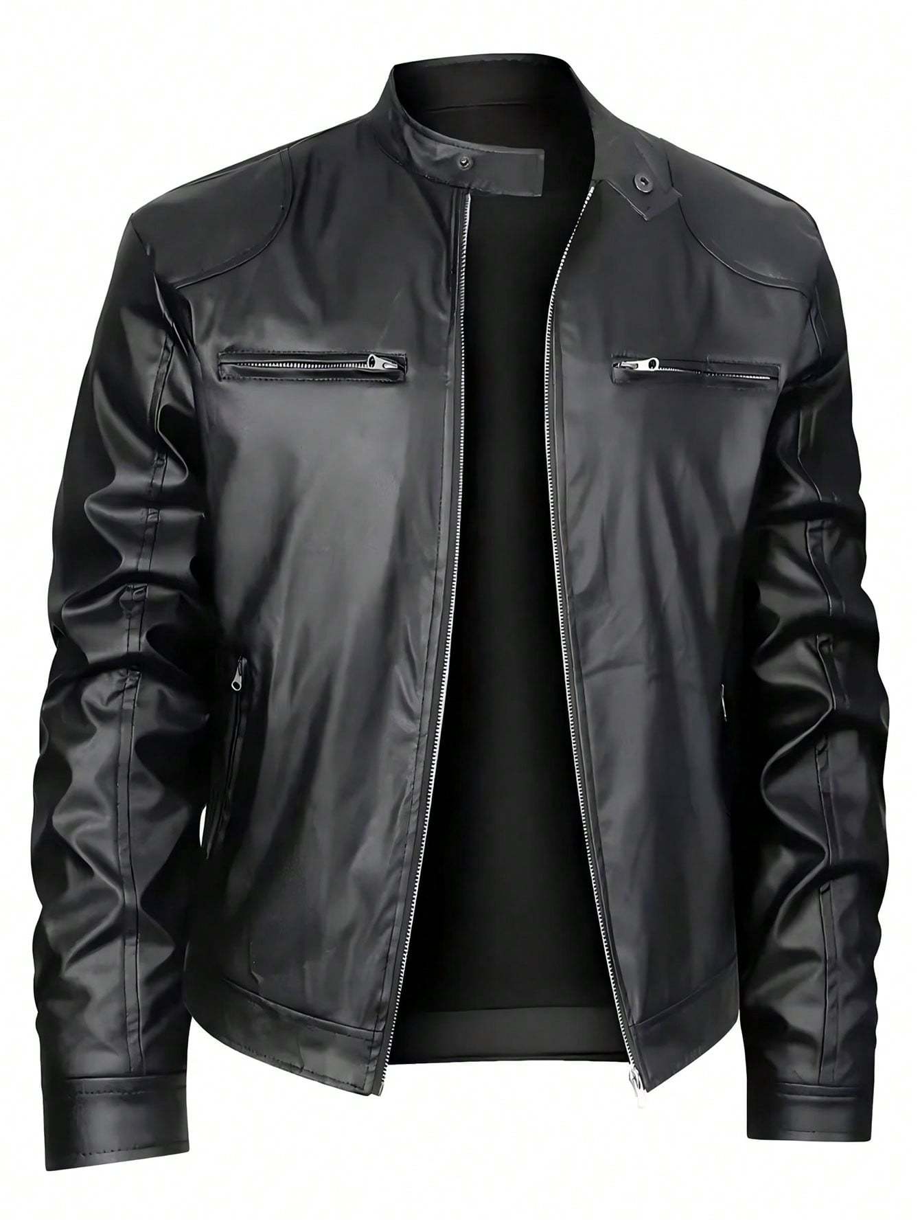 Black leather men’s jacket with stand collar, zipper front, and double chest pockets