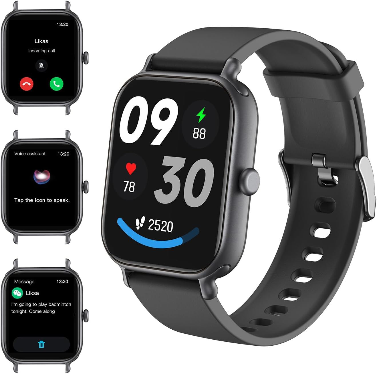 Black smartwatch with square touch screen, heart-rate and step stats display.