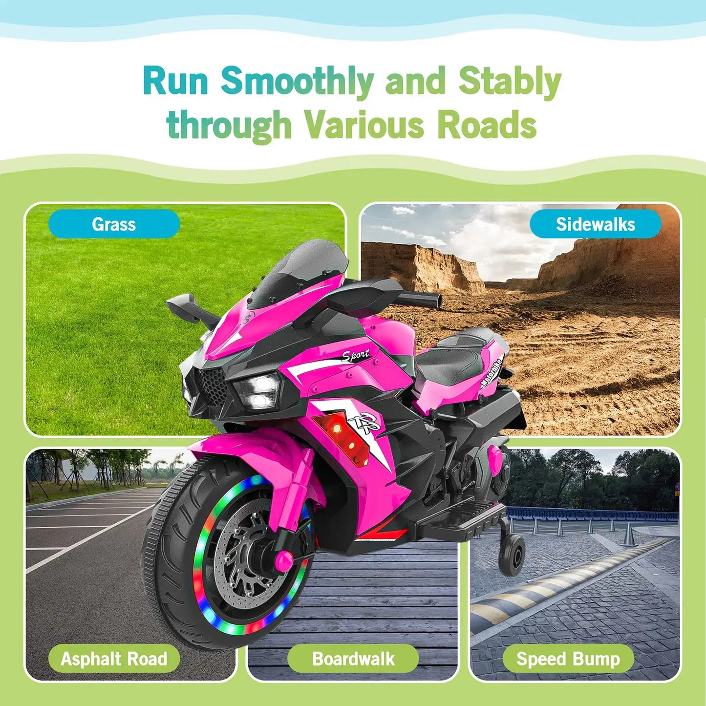 12V Pink Kids Electric Motorcycle | Bluetooth & Light-Up Wheels Kids Powered Ride-ons Toy, Kids Motorcyc | Ectron Online