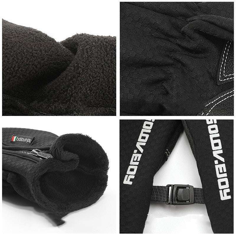 Close-up details of a black fleece jacket with visible branding on a white background.