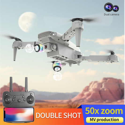 Drone with dual camera and remote control on a scenic background