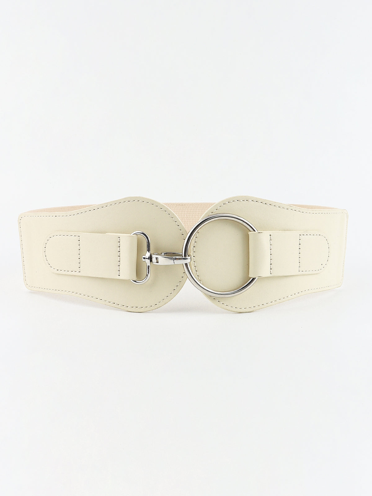 Cream PU elastic wide belt, flat lay, oval ring buckle with adjustable ends