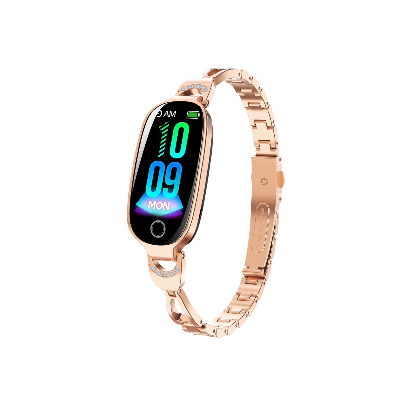 Rose gold smartwatch with rose gold metal link band and oval black display