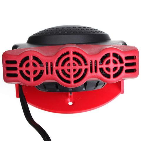 Red and black device with a fan