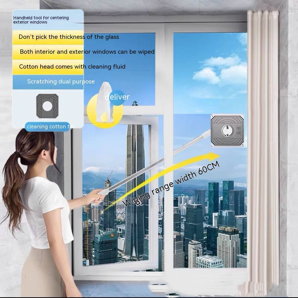 Person cleaning a window with a cleaning tool, showing features and specifications on the left.