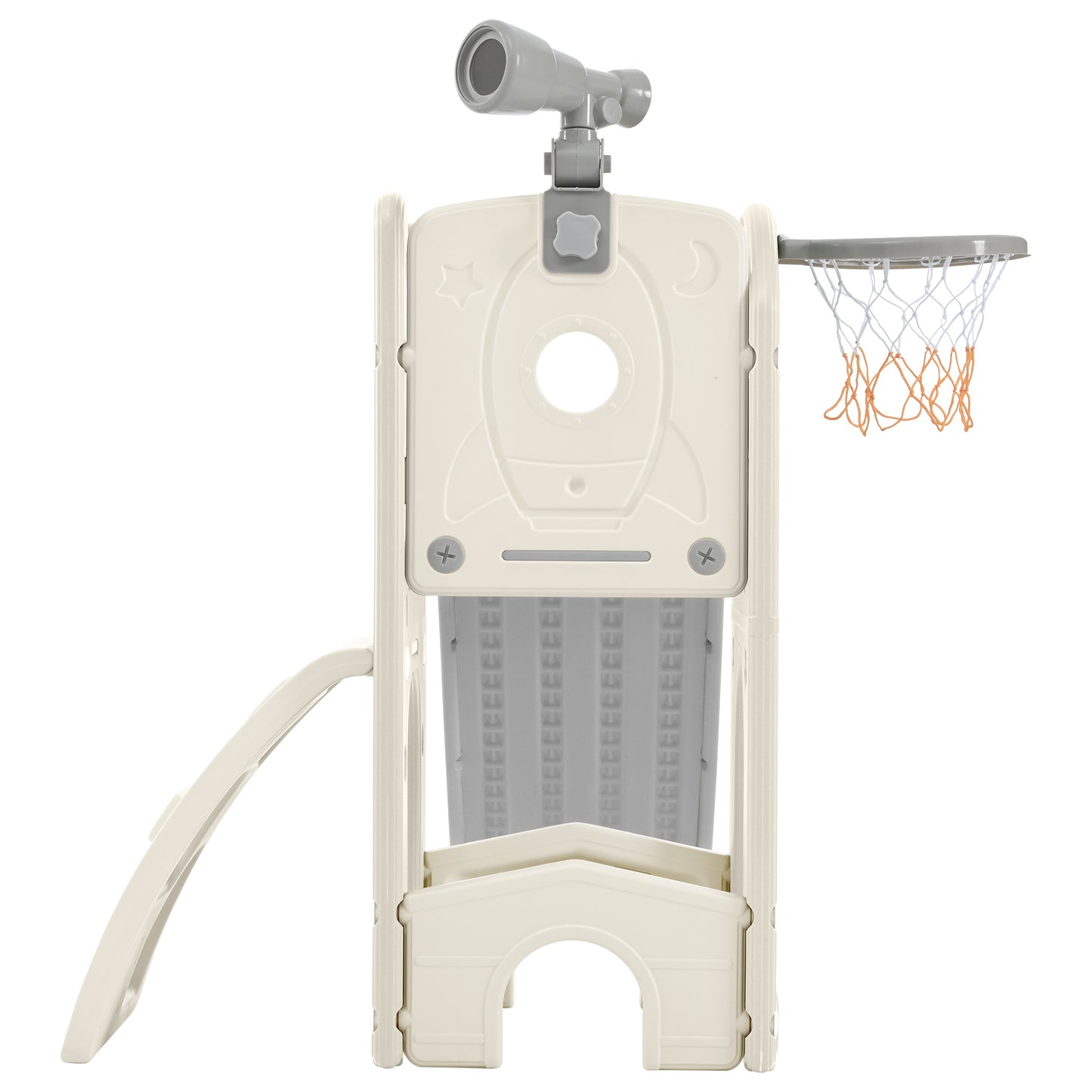 Kids Slide Playset Structure 5 in 1, Freestanding Spaceship Set with Slide, Telescope and Basketball Hoop Grey+White + HDPE - Ectron Online