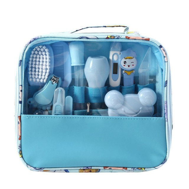 Blue baby care kit zip pouch filled with grooming tools and baby nail accessories