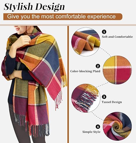 Plaid winter scarf details: color-block check pattern and long tassels