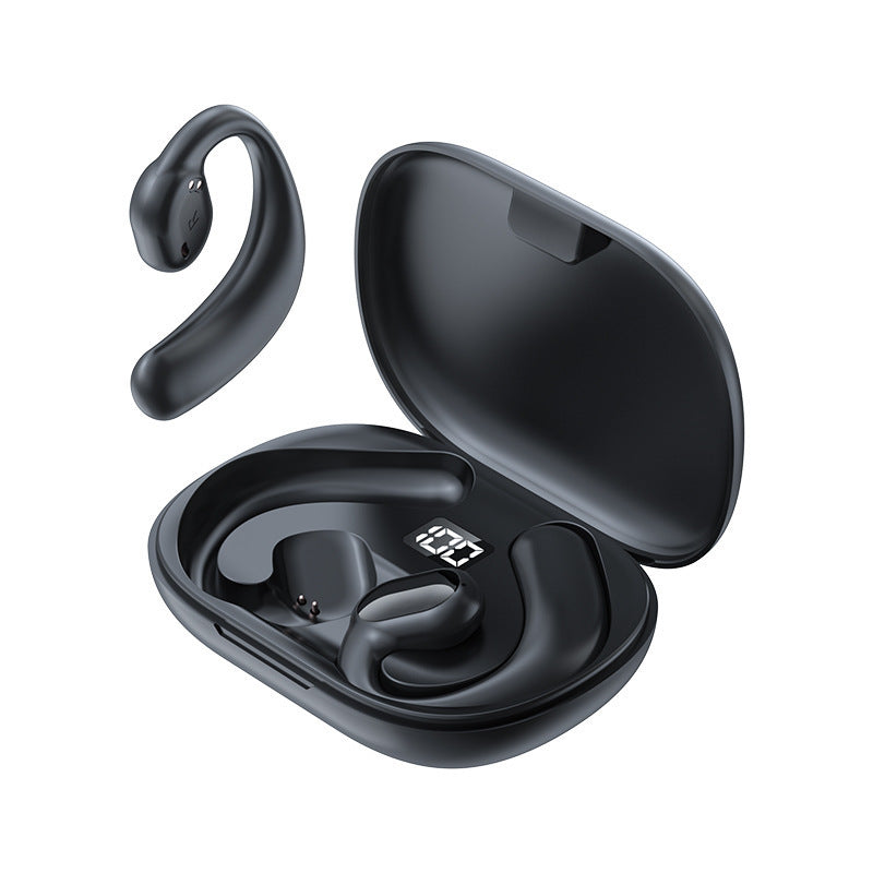 Black wireless earbuds with charging case on a white background