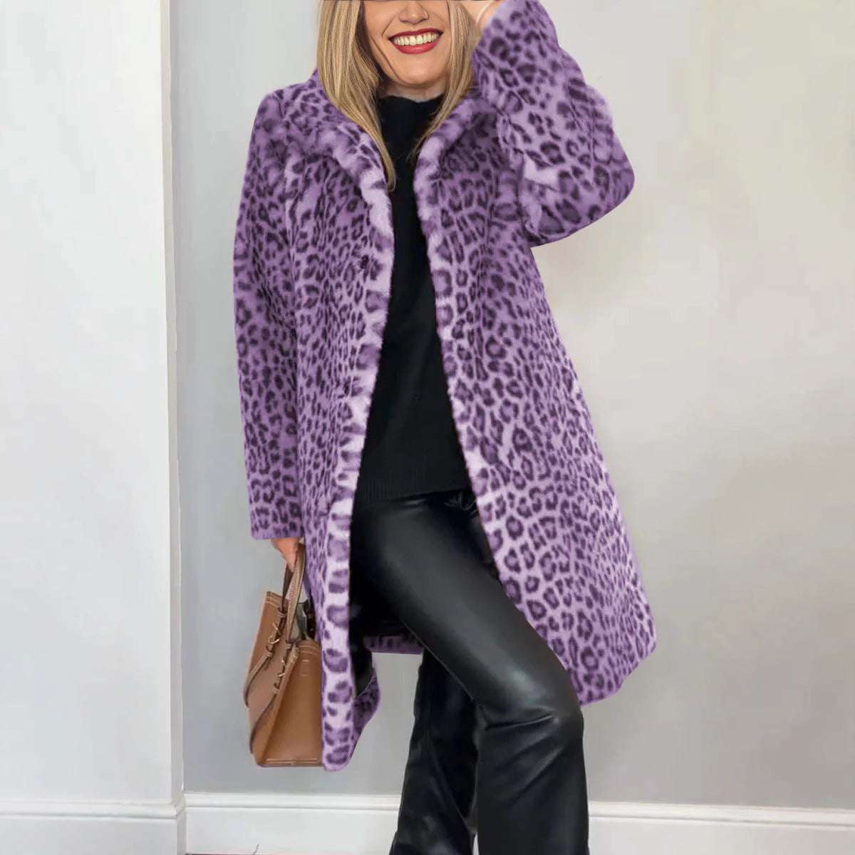 Cozy Leopard Print Mid-Length Coat Fall Winter Leopard Print Plush Mid-leng | Ectron Online