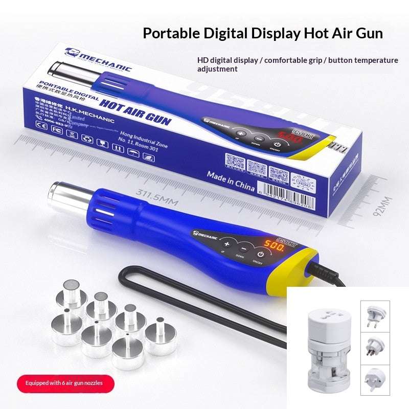 Blue digital hot air gun kit in box with power cord and metal air nozzles