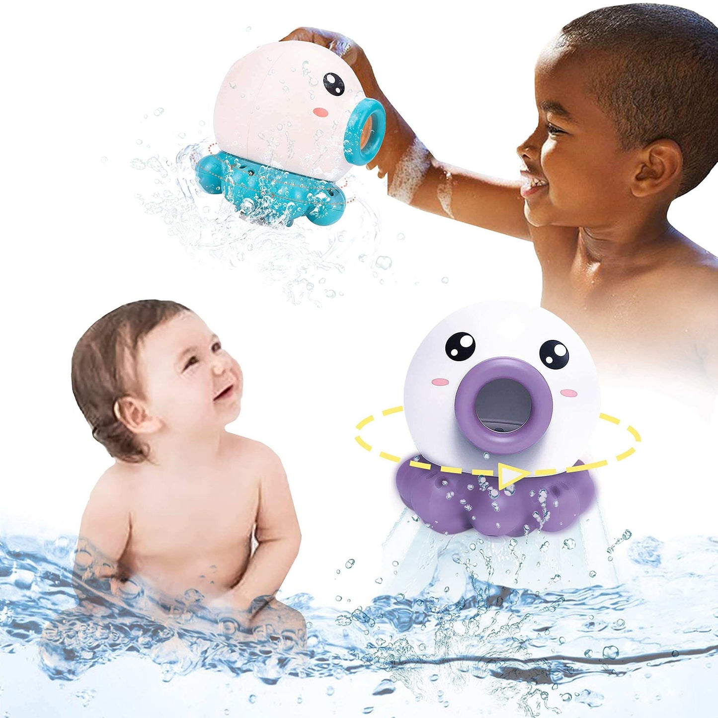 Two children playing with bath toys in water, with a focus on a purple toy.