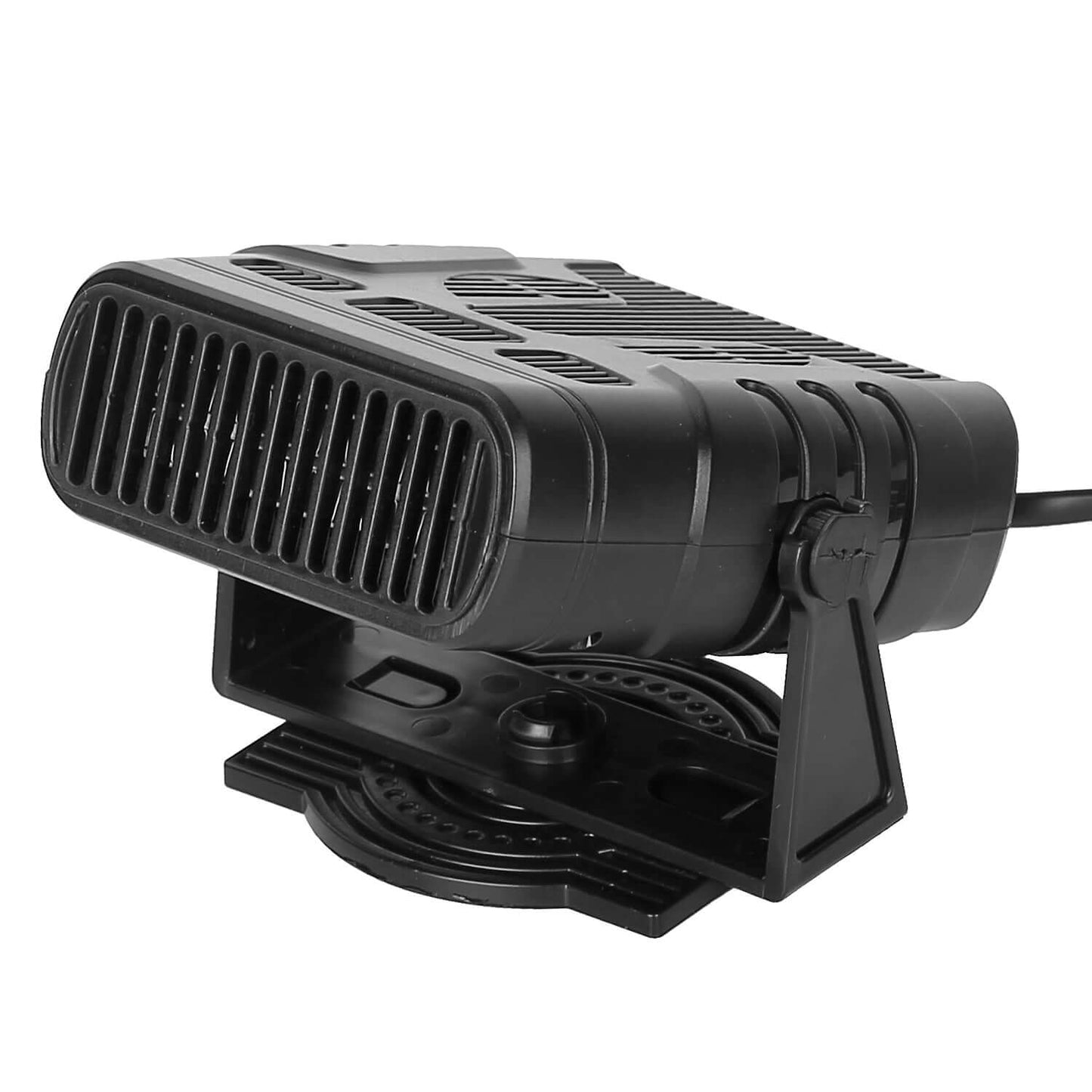 Portable car heater with black vented fan housing and mounting stand, no plug visible