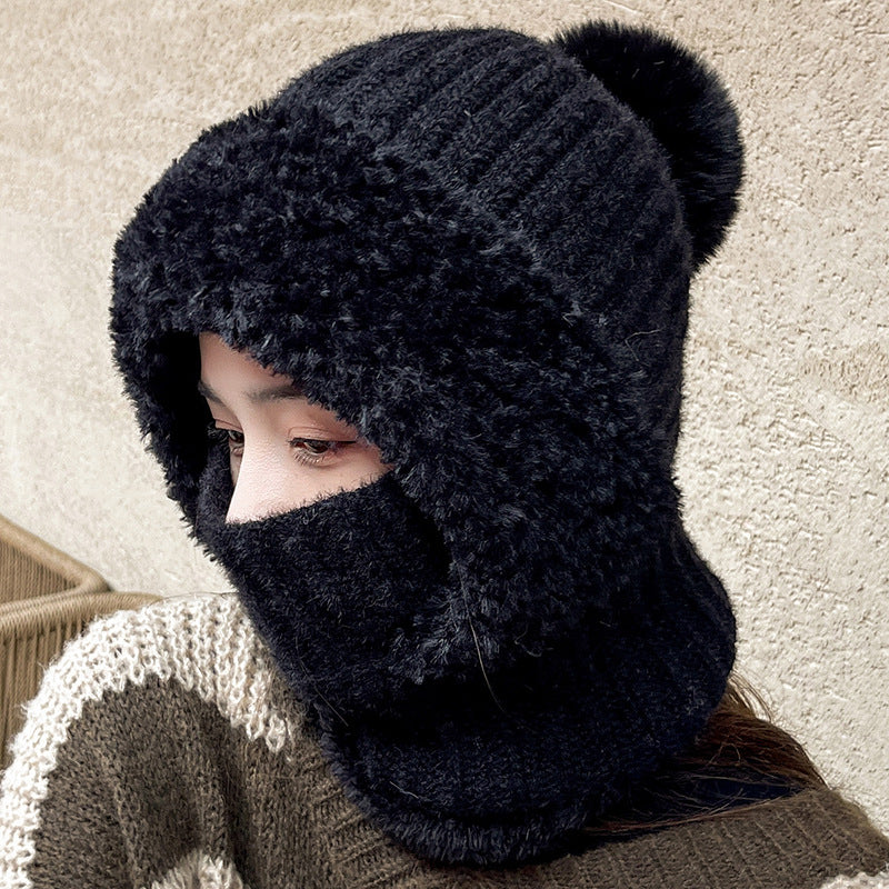 Fuzzy black knit hat and neck warmer set with face cover and hooded scarf