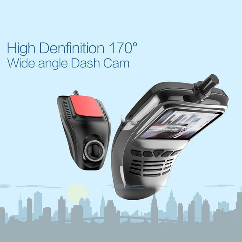 High definition wide angle dash cam with cityscape background