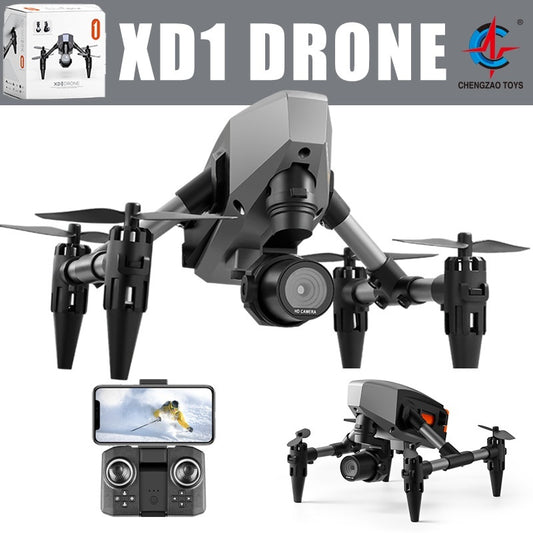 A black HD drone for aerial photography with a remote control and a storage bag, labeled 'XD1 DRONE'.