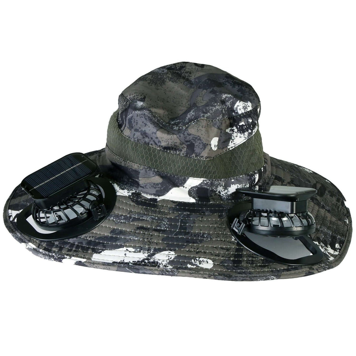 Camouflage sun hat with brim, dual fan vents and attached solar panel