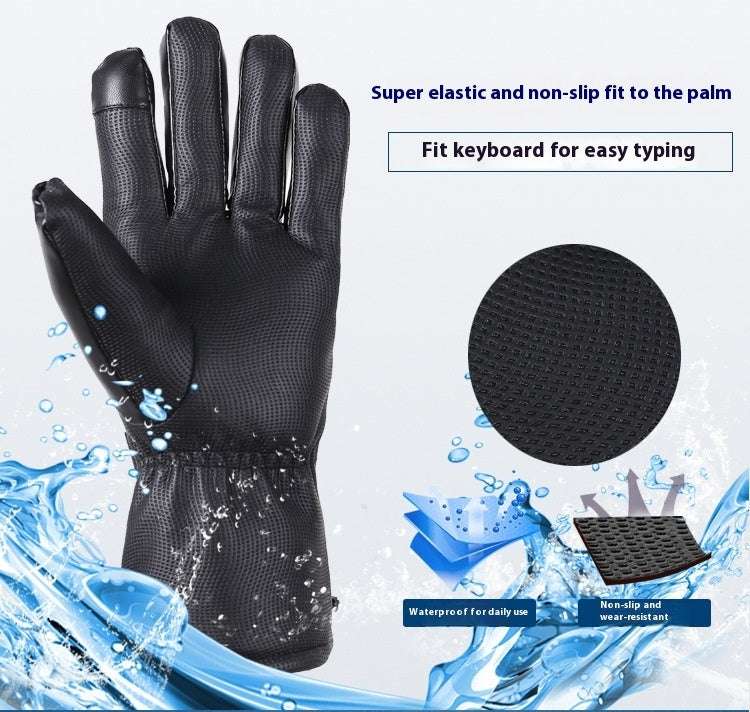 Heated motorcycle gloves in black with textured grip palm and wrist strap
