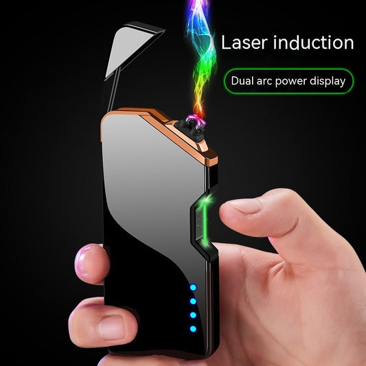 Hand holding a laser induction lighter with colorful smoke and power display on a black background