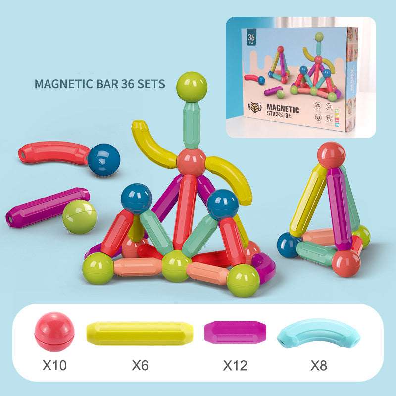Colorful magnetic building sticks on a light blue background with packaging and component count display.