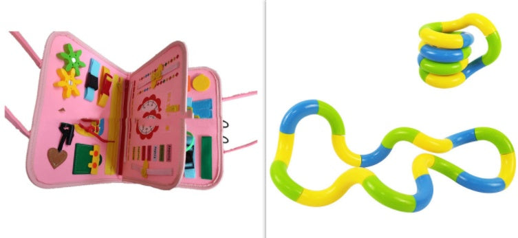 Pink educational toy book with colorful links on a white background