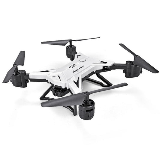 White RC quadcopter drone with four propellers and central camera module