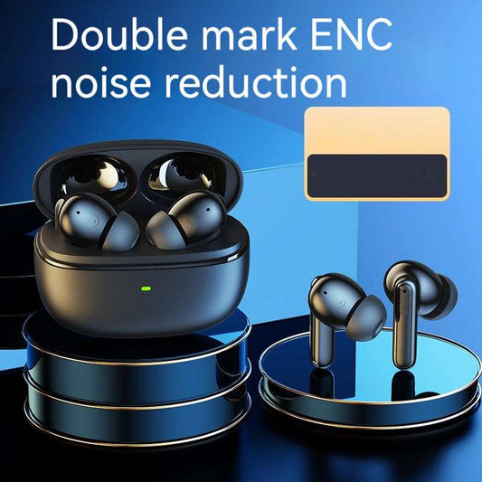 Wireless earbuds with charging case on a blue background, highlighting noise reduction feature.