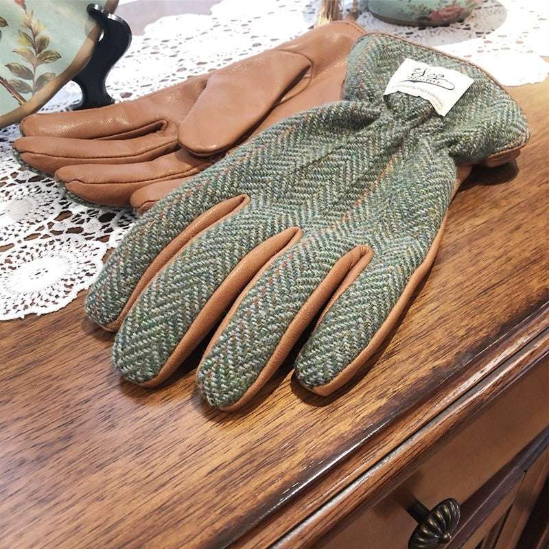 Motorcycle leather gloves pair: green patterned back over tan leather palm