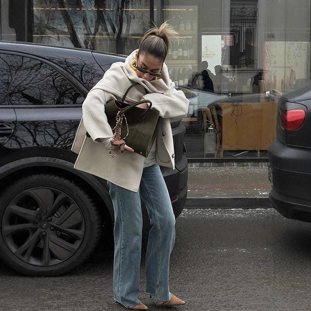 Solid Color Scarf Collar Single-breasted Woolen Coat For Women