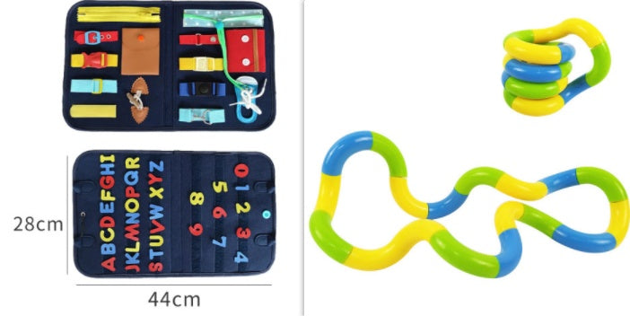 Colorful educational toys including a textured mat with letters and numbers, and two interlocking ring toys.