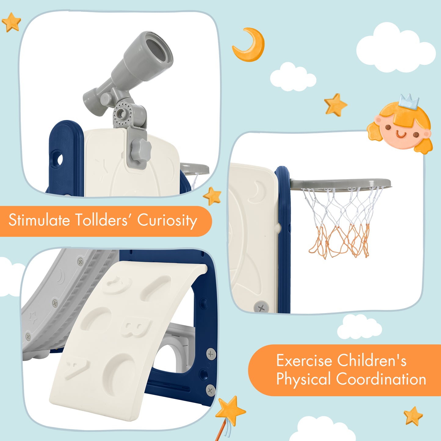 Freestanding Spaceship Set with Slide, Telescope and Basketball Hoop, Golf Holes for Toddlers, Kids Climbers Playground - Ectron Online
