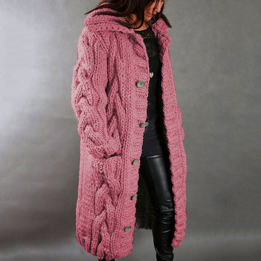 Long pink cable-knit cardigan sweater coat with button front and ribbed cuffs