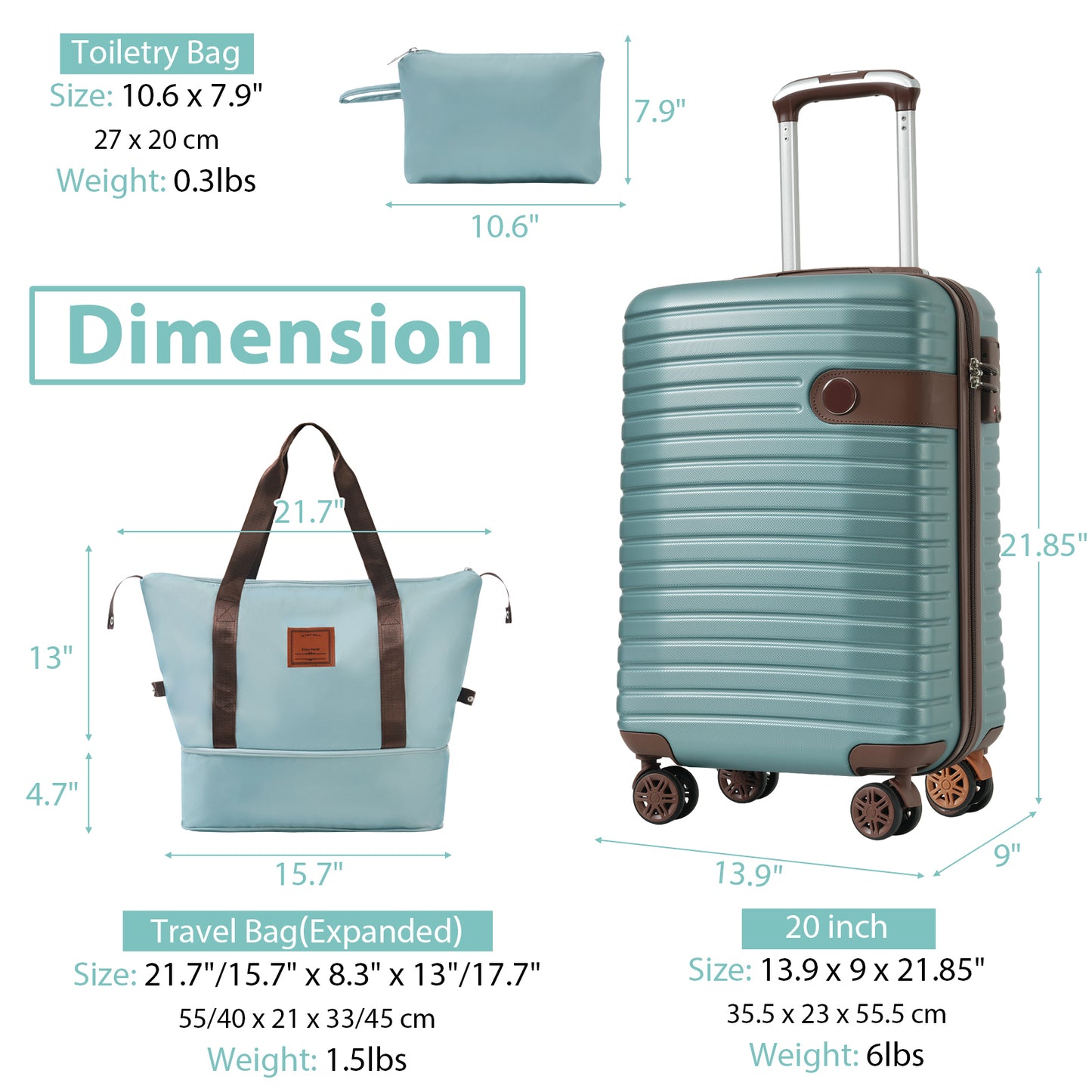 Luggage Sets 3 Piece Carry on Luggage 22x14x9 Airline Approved, Lightweight Hardshell ABS Suitcases with Wheels, 20 inch, Blue - Ectron Online