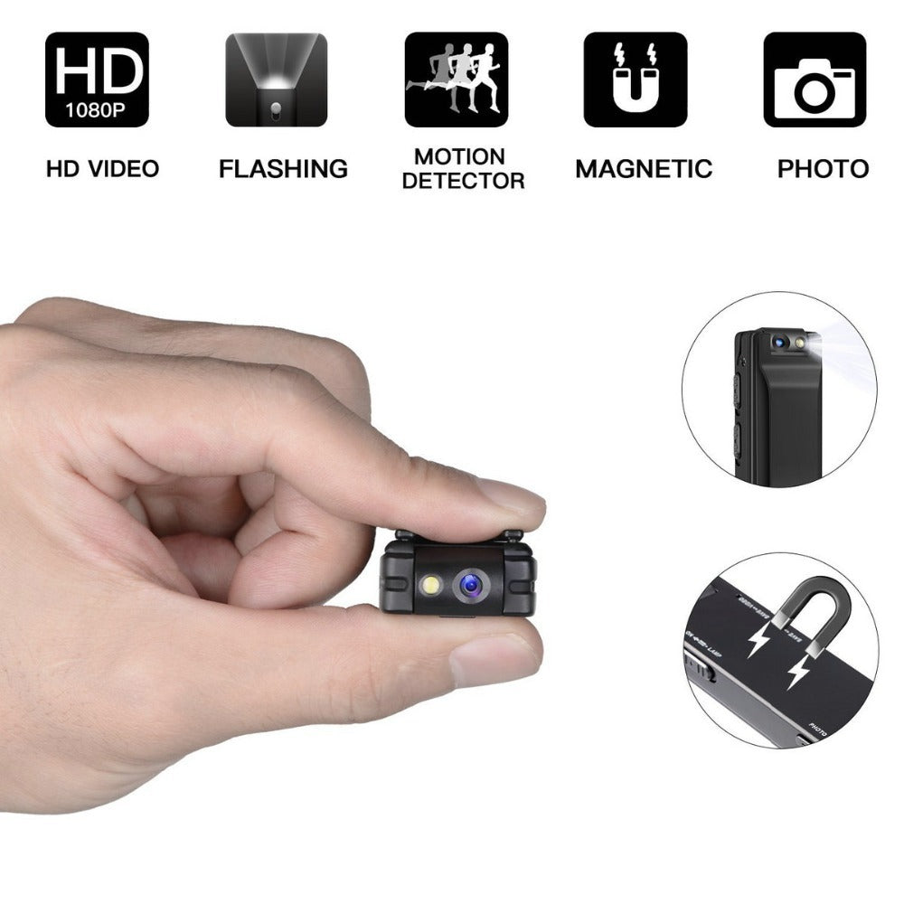 Small camera device held in a hand with feature icons above