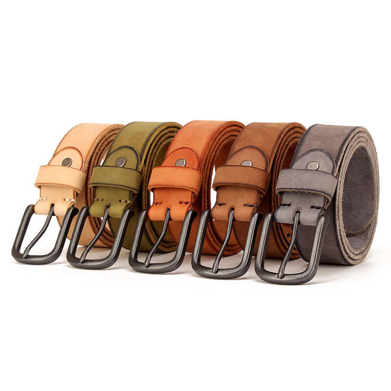 Men's leather pin buckle belt collection in various colors showcasing durable and stylish designs.